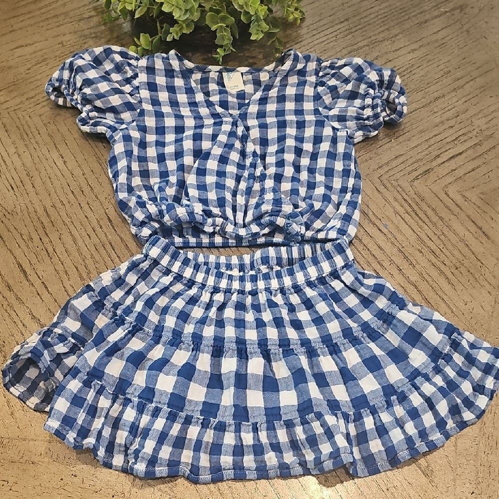 Blue and White Gingham Top and Skirt Set 6X XS 100% Cotton